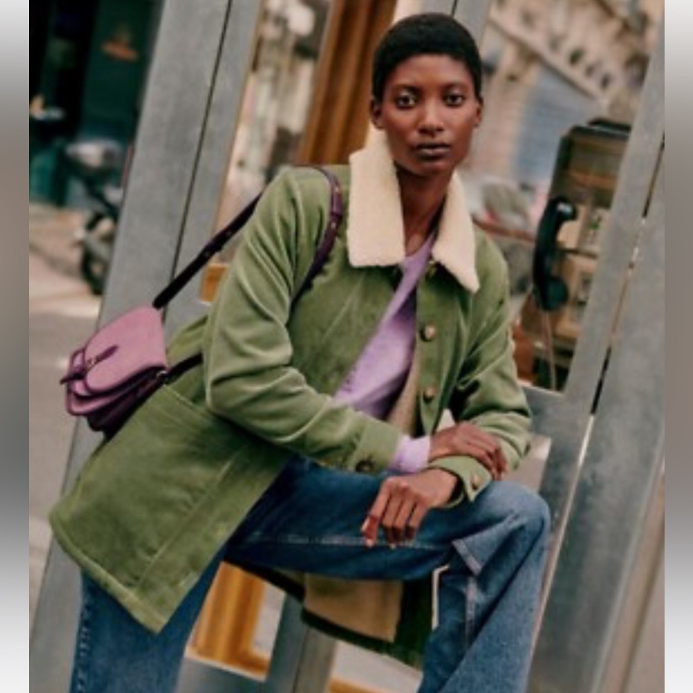 Sezane Green Corduroy Jacket with Cream Collar